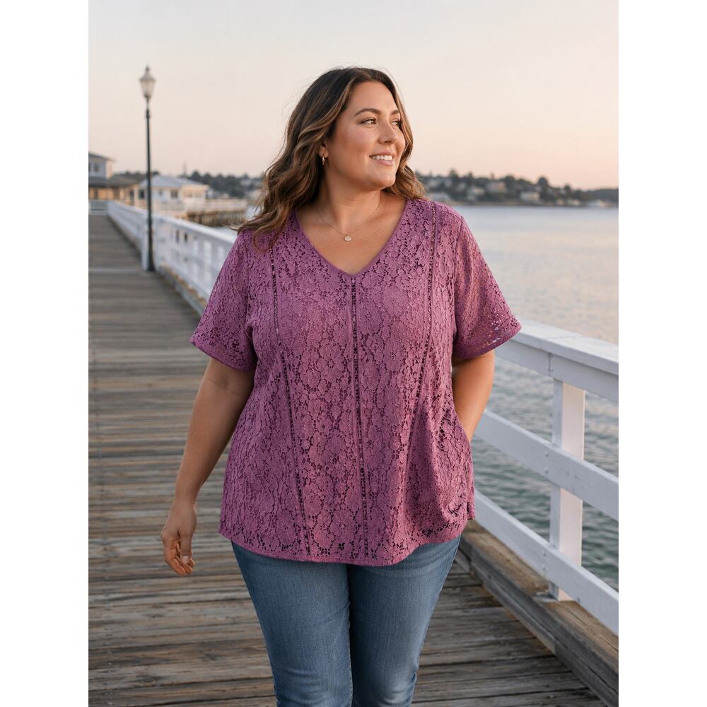 Isaac Mizrahi Live 2X Pink Lace Blouse Floral Short Sleeve Plus Size Romantic